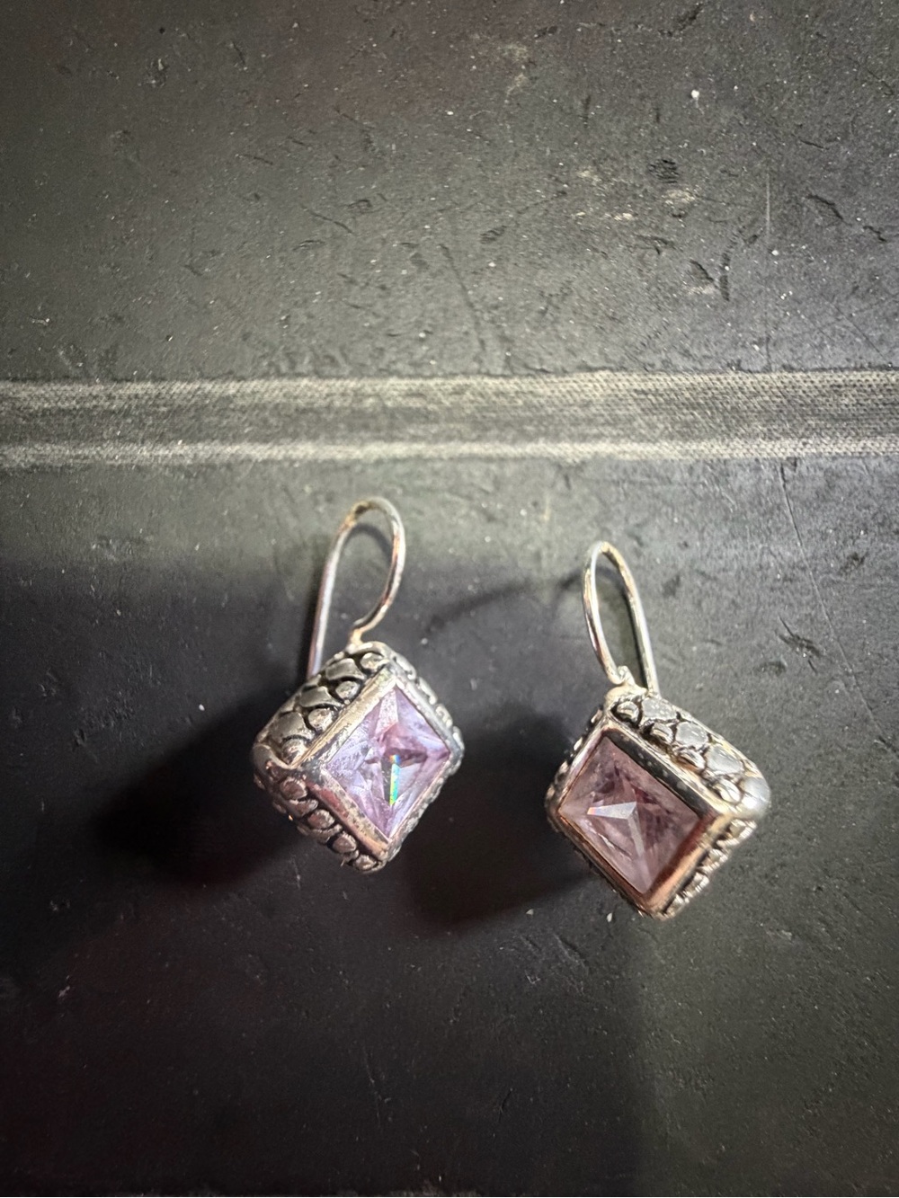 Sterling Square Pink Crystal Drop Earrings with Textured Silver Frames